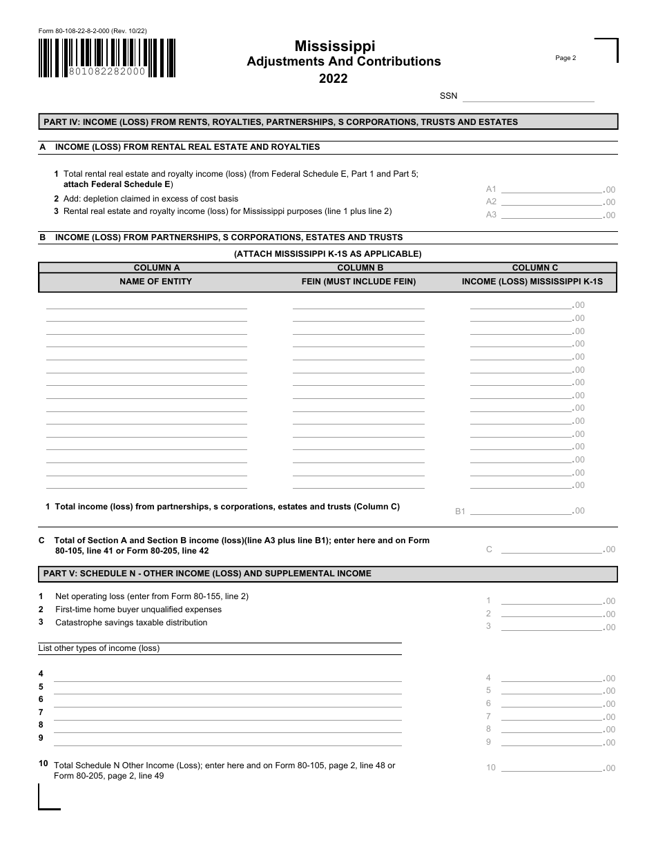 Form 80-108 Mississippi Adjustments and Contributions - Mississippi, Page 2