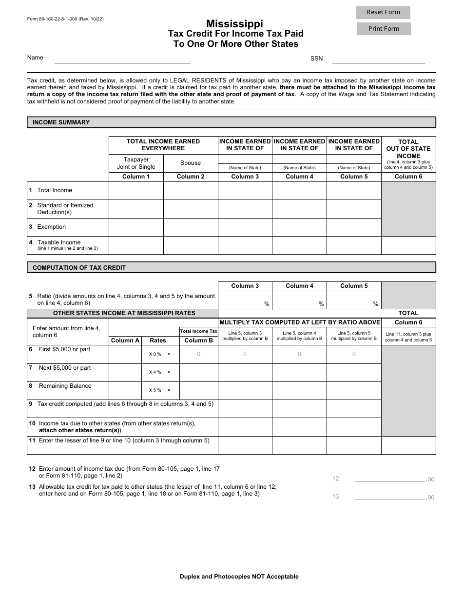 Form 80-160 Mississippi Tax Credit for Income Tax Paid to One or More Other States - Mississippi, Page 1