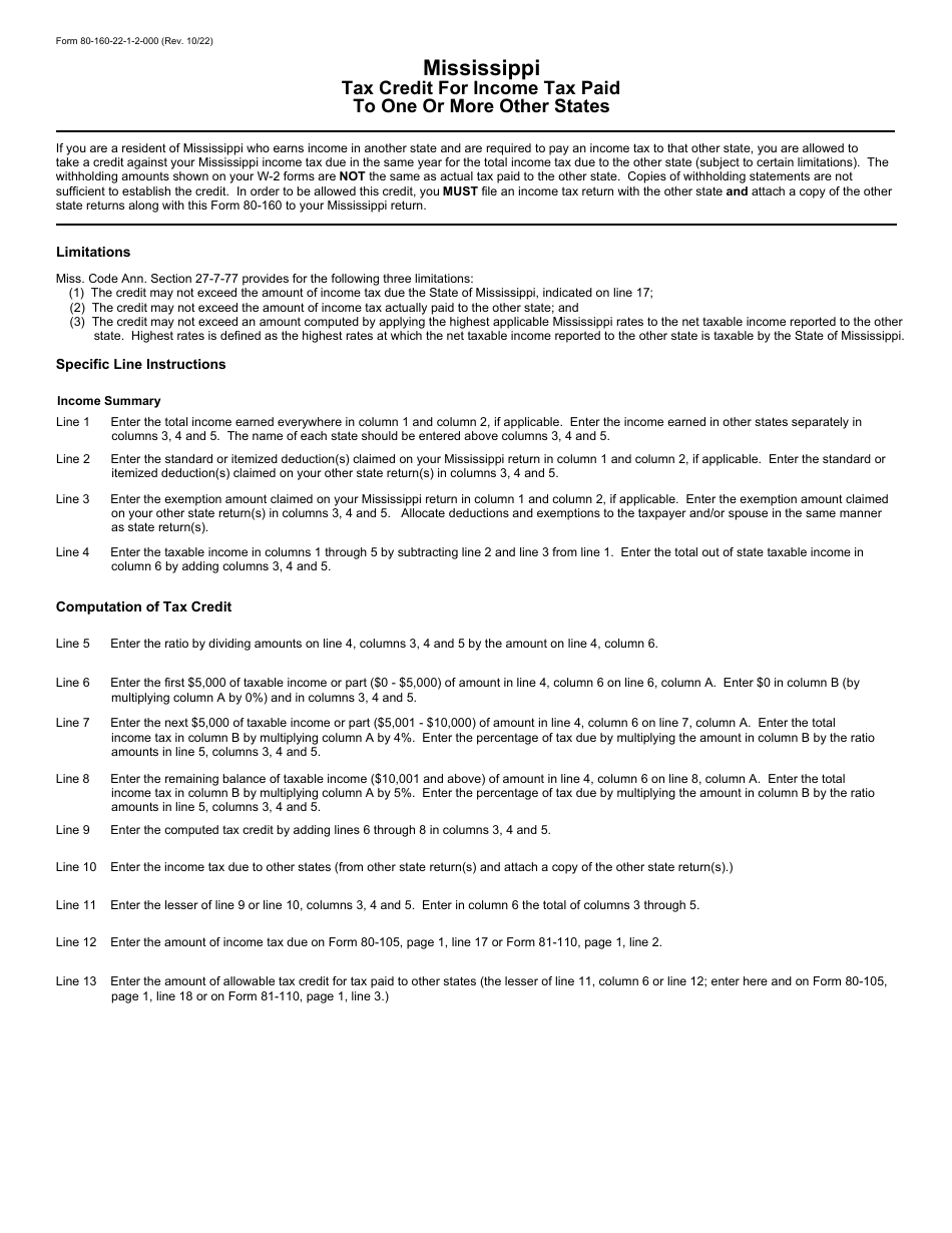 Form 80-160 Mississippi Tax Credit for Income Tax Paid to One or More Other States - Mississippi, Page 2