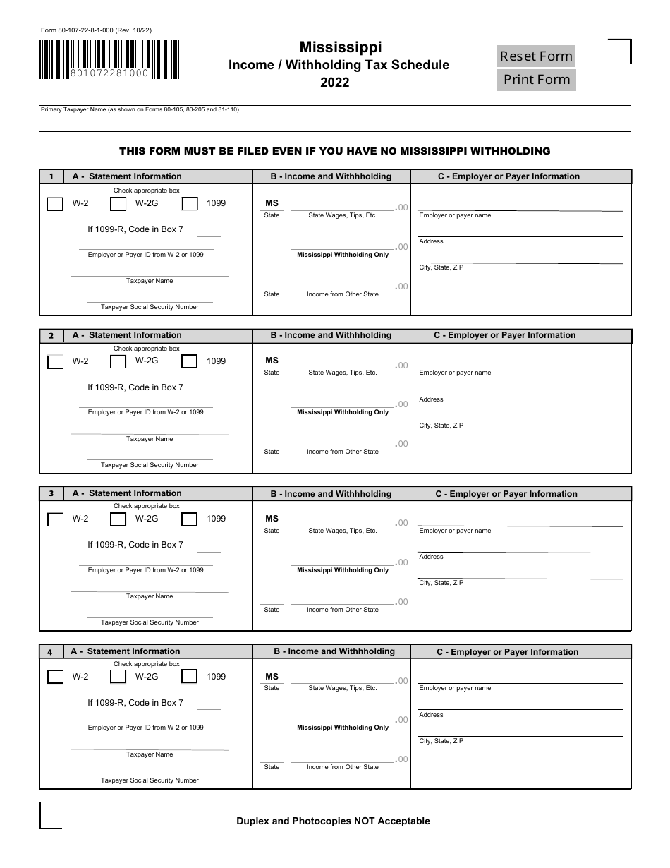 Form 80-107 Mississippi Income / Withholding Tax Schedule - Mississippi, Page 1