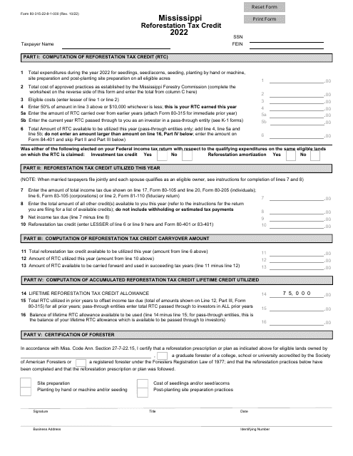 Form 80-315 Mississippi Reforestation Tax Credit - Mississippi, 2022
