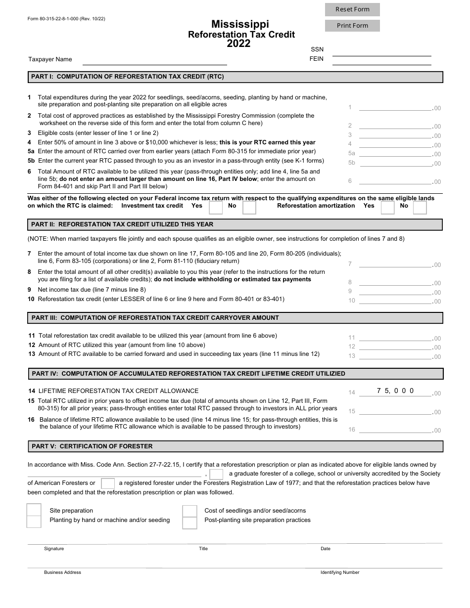 Form 80-315 Mississippi Reforestation Tax Credit - Mississippi, Page 1