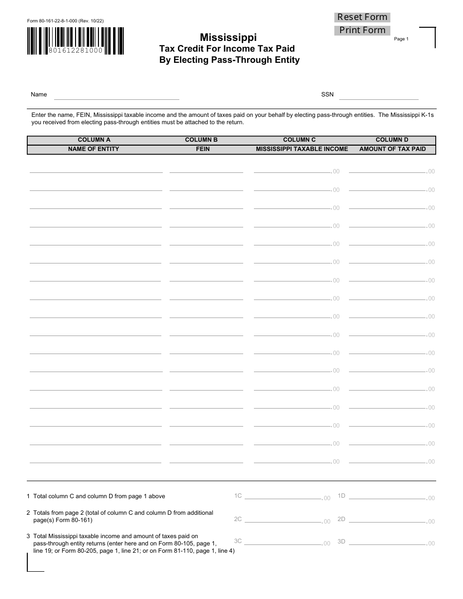 Form 80-161 Mississippi Tax Credit for Income Tax Paid by Electing Pass-Through Entity - Mississippi, Page 1