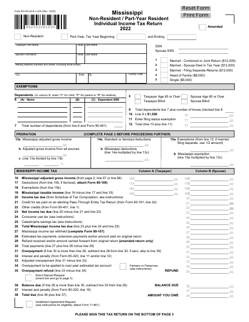 Form 80-205 Mississippi Non-resident/Part-Year Resident Individual Income Tax Return - Mississippi, 2022