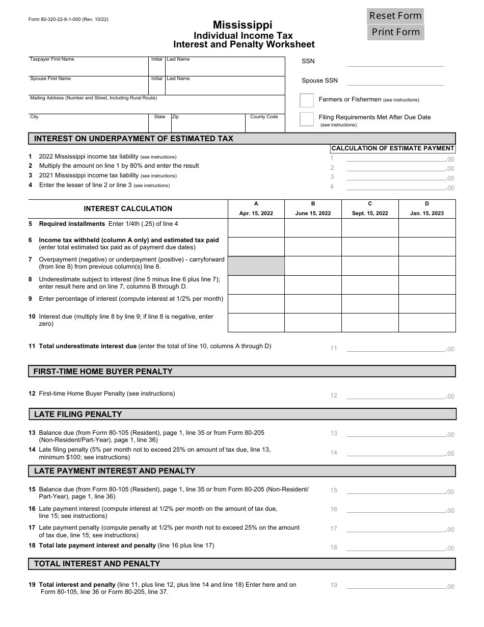 Form 80-320 Mississippi Individual Income Tax Interest and Penalty Worksheet - Mississippi, Page 1