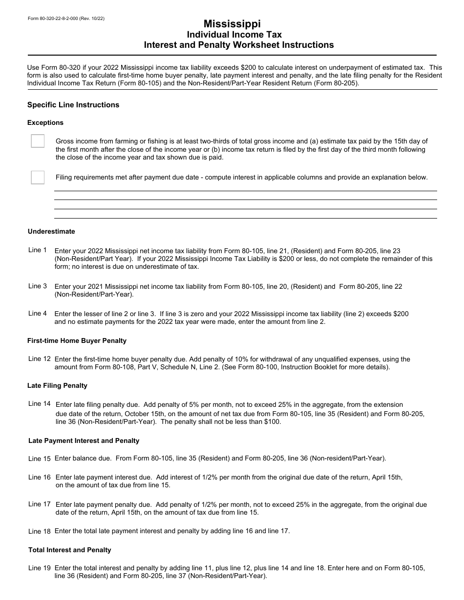 Form 80-320 Mississippi Individual Income Tax Interest and Penalty Worksheet - Mississippi, Page 2