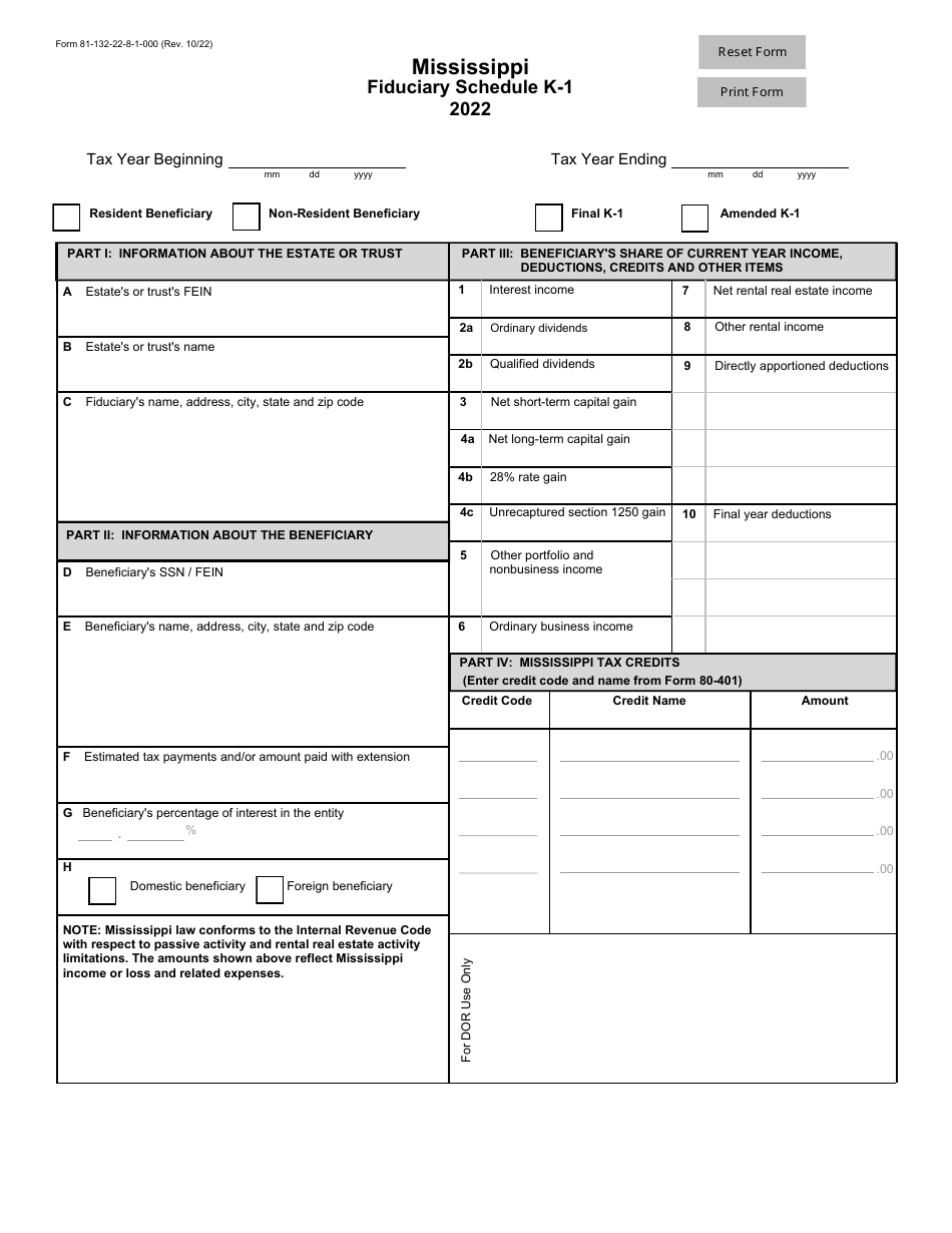 Form 81-132 Schedule K-1 Mississippi Fiduciary Schedule - Mississippi, Page 1
