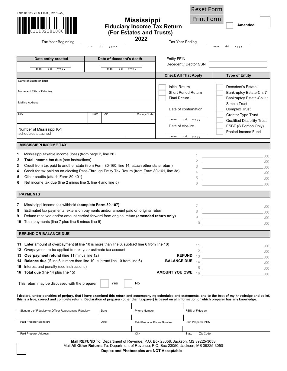 Form 81-110 Mississippi Fiduciary Income Tax Return (For Estates and Trusts) - Mississippi, Page 1