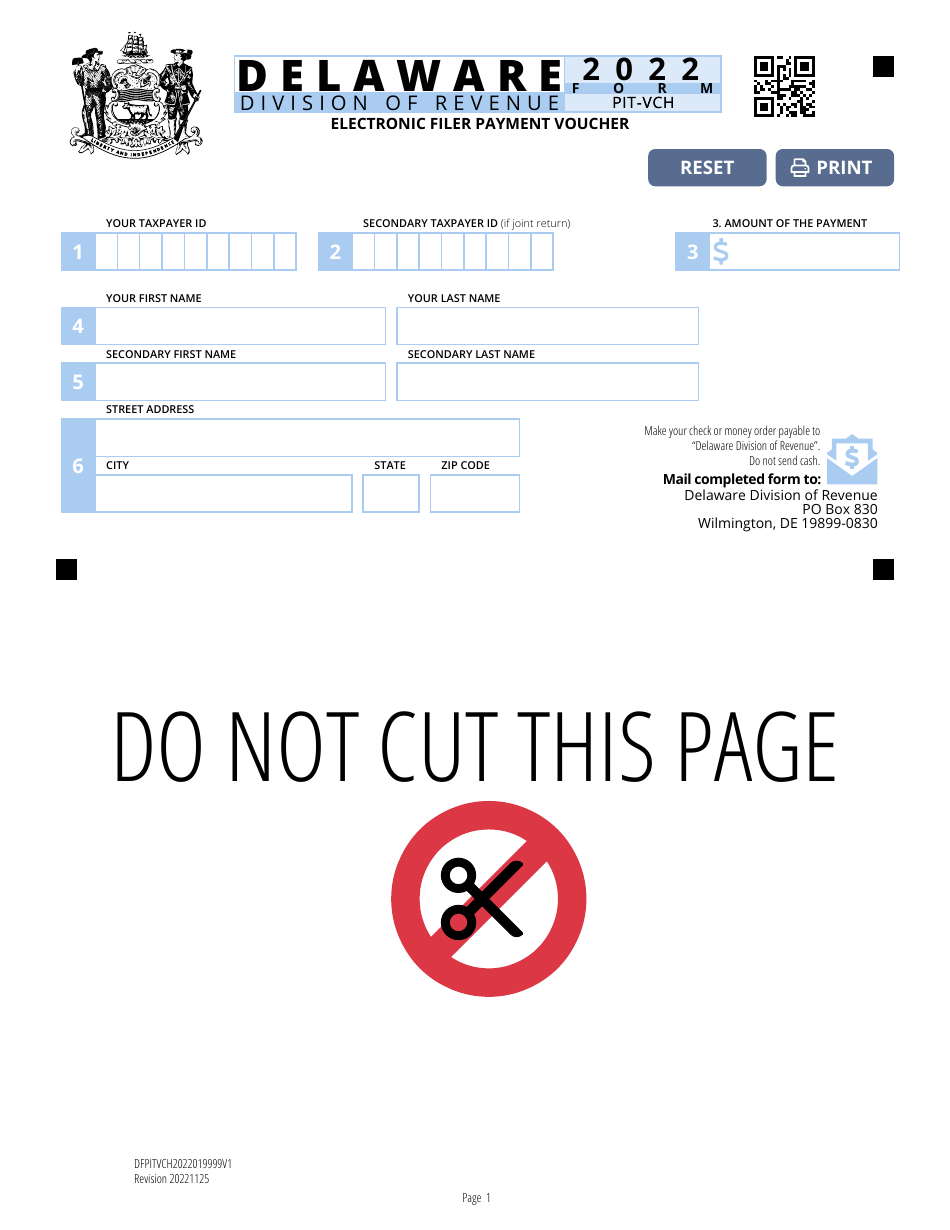 Form PIT-VCH Electronic Filer Payment Voucher - Delaware, Page 1