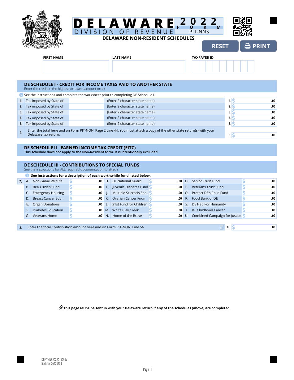 Form PIT-NNS Delaware Individual Non-resident Income Tax Form Schedule - Delaware, Page 1