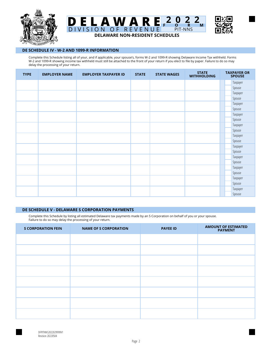 Form PIT-NNS Delaware Individual Non-resident Income Tax Form Schedule - Delaware, Page 2