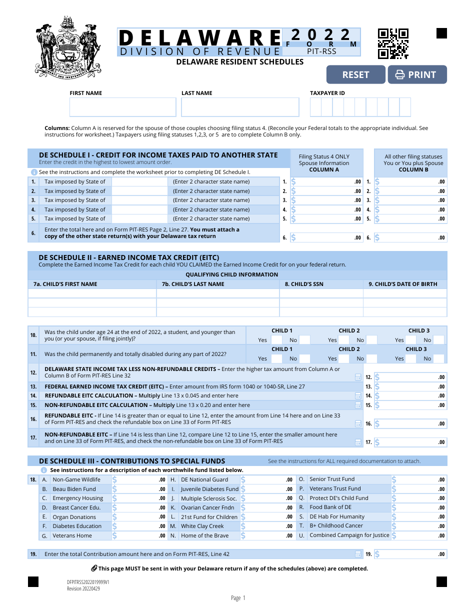 Form PIT RSS Download Fillable PDF Or Fill Online Delaware Resident   Page 1 Thumb 950 