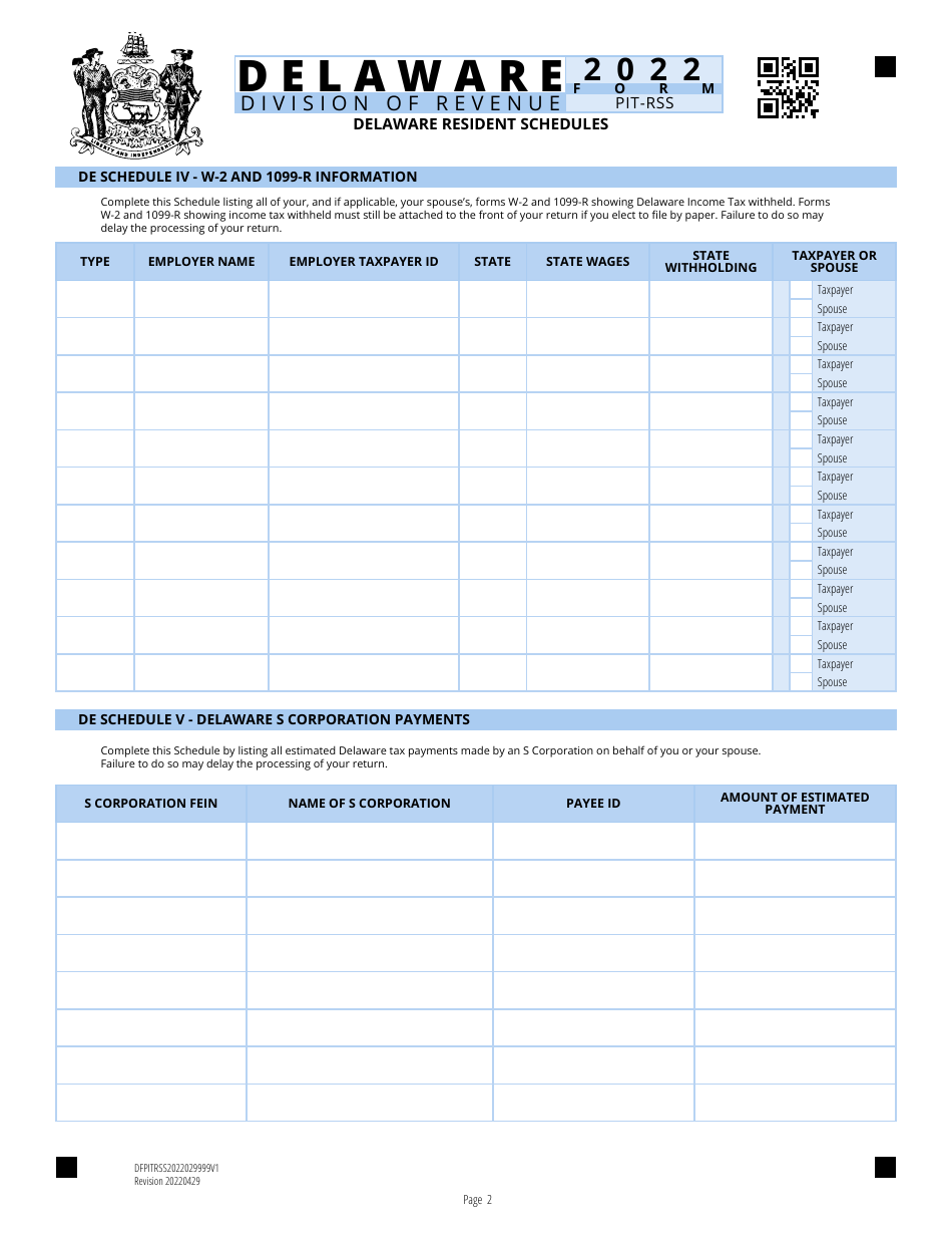 Form PIT-RSS Delaware Resident Schedules - Delaware, Page 2
