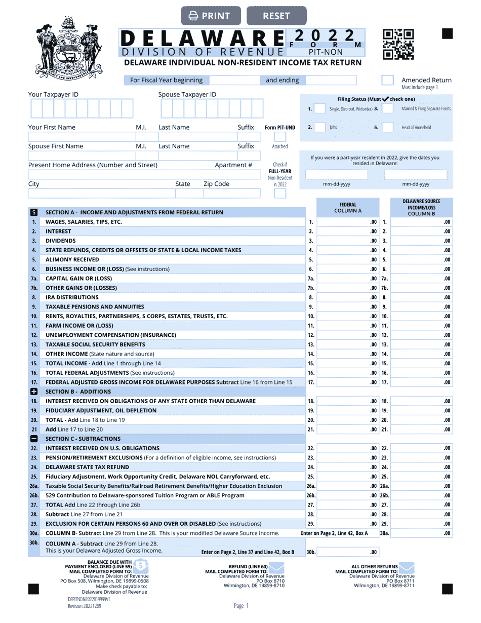 Form PIT-NON Delaware Individual Non-resident Income Tax Return - Delaware, Page 1