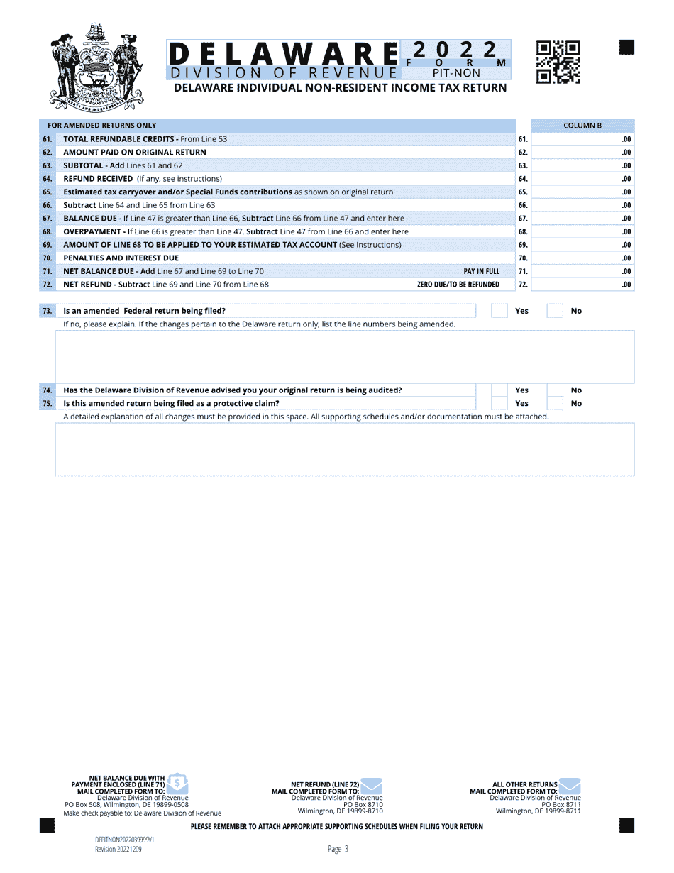 Form PIT-NON Delaware Individual Non-resident Income Tax Return - Delaware, Page 3