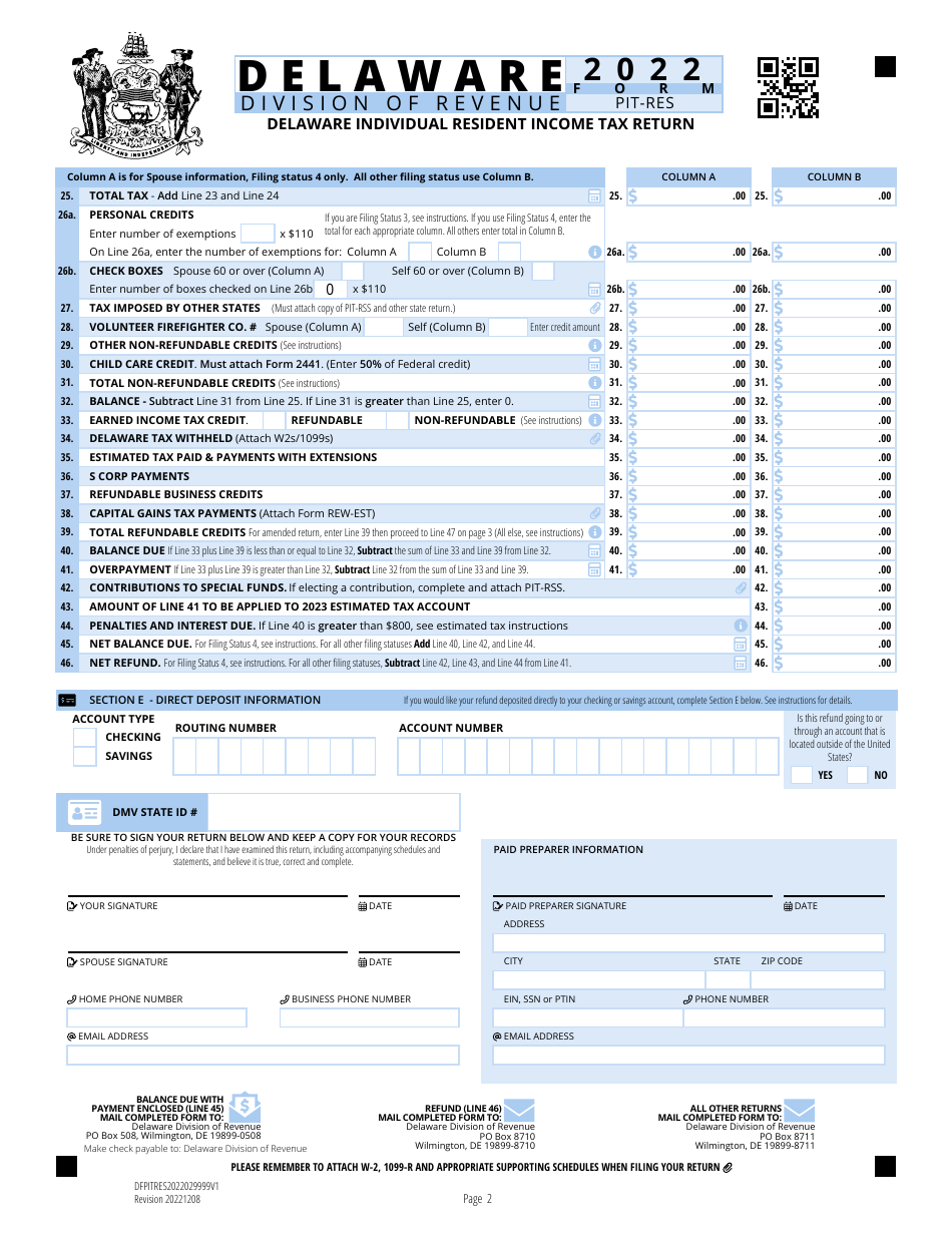 Form PIT-RES Delaware Individual Resident Income Tax Return - Delaware, Page 2