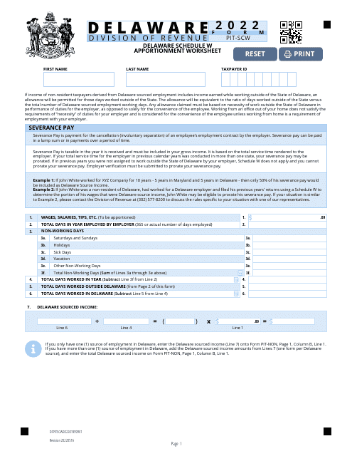 Form PIT-SCW Schedule W 2022 Printable Pdf