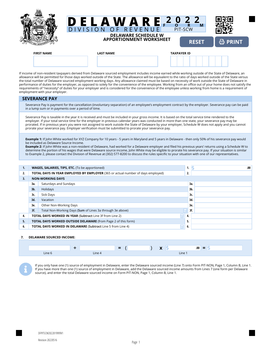 Form PIT-SCW Schedule W Apportionment Worksheet - Delaware, Page 1