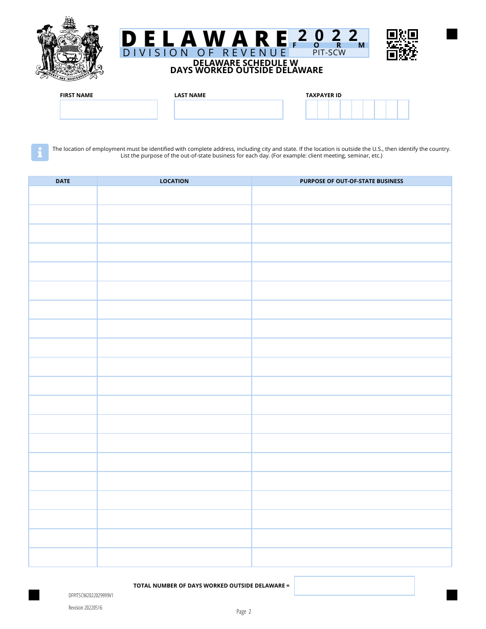 Form PIT-SCW Schedule W Apportionment Worksheet - Delaware, Page 2