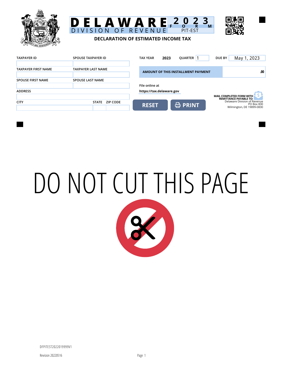 Form PIT-EST Declaration of Estimated Income Tax - Delaware, Page 1