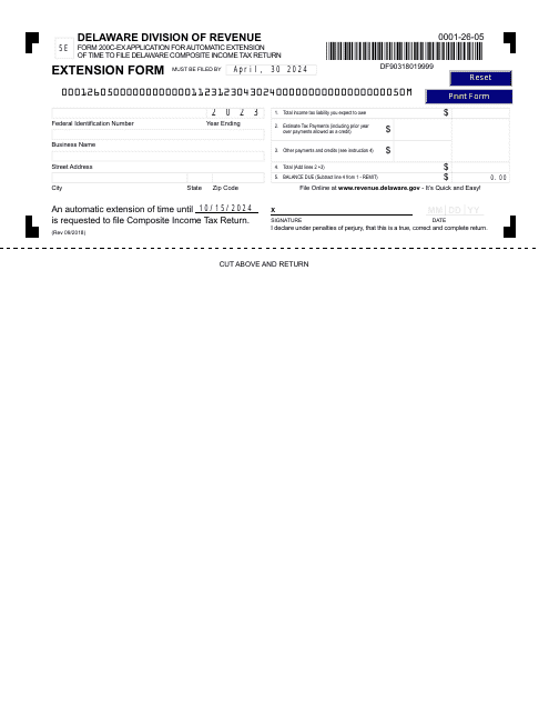 Form 200C-EX Application for Automatic Extension of Time to File Delaware Composite Income Tax Return - Delaware, 2023