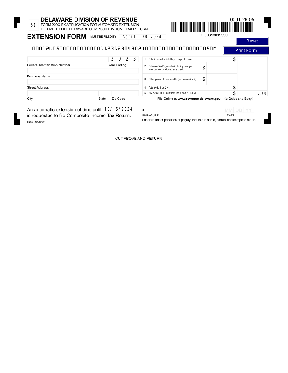 Form 200C-EX Application for Automatic Extension of Time to File Delaware Composite Income Tax Return - Delaware, Page 1