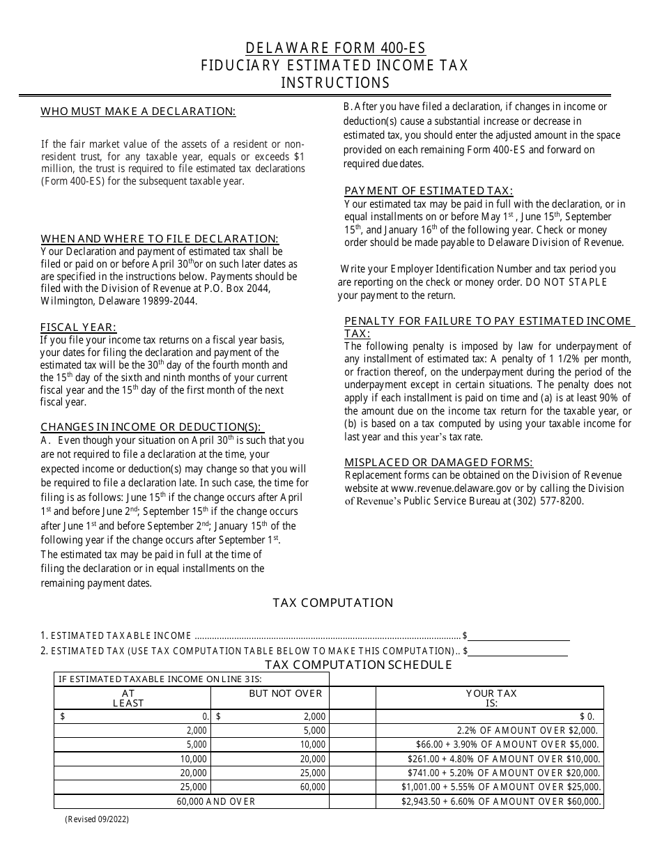 Download Instructions For Form 400-ES Fiduciary Estimated Income Tax ...