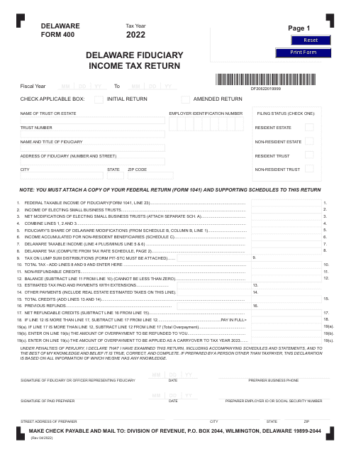 Form 400 Delaware Fiduciary Income Tax Return - Delaware, 2022
