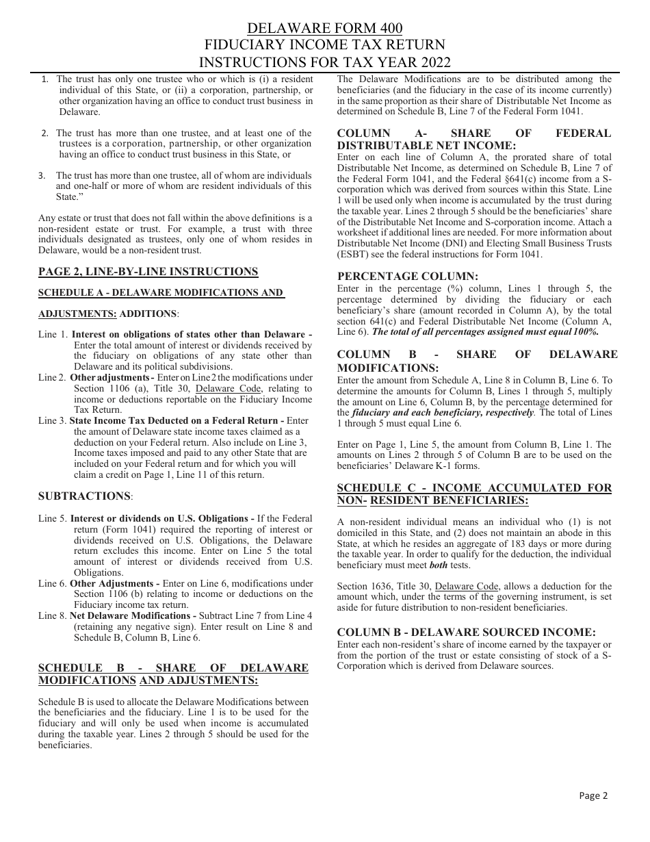 Instructions for Form 400 Delaware Fiduciary Income Tax Return - Delaware, Page 2