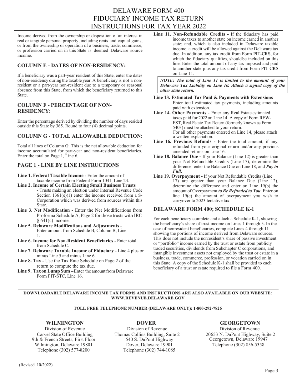 Instructions for Form 400 Delaware Fiduciary Income Tax Return - Delaware, Page 3
