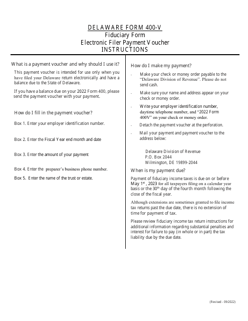 Instructions for Form 400-V Electronic Filer Payment Voucher - Delaware