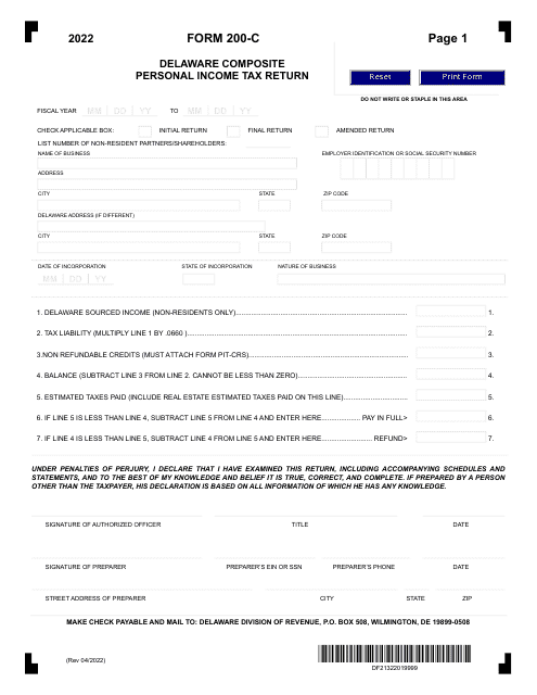 Form 200-C Delaware Composite Personal Income Tax Return - Delaware, 2022