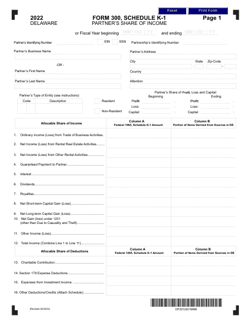 Form 300 Schedule K-1 Partner's Share of Income - Delaware, 2022
