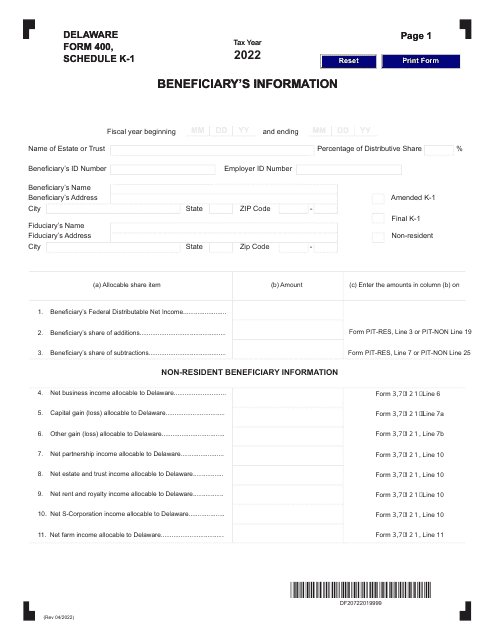 Form 400 Schedule K-1 Beneficiary&#039;s Information - Delaware, 2022