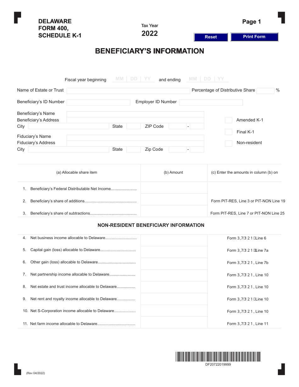 Form 400 Schedule K-1 Beneficiarys Information - Delaware, Page 1