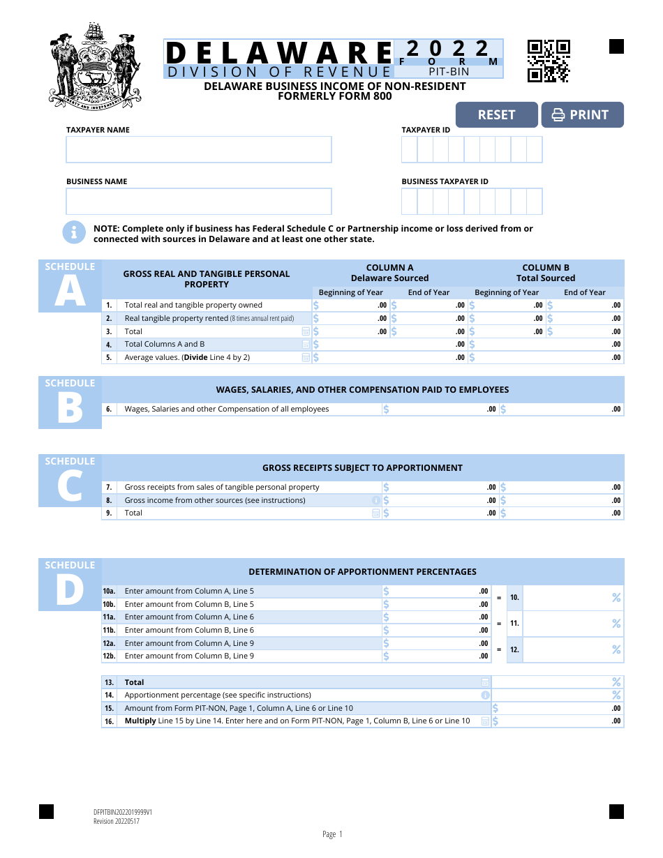 Form PIT-BIN Delaware Business Income of Non-resident - Delaware, Page 1