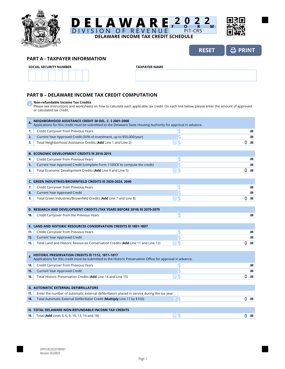 Form PIT-CRS Delaware Income Tax Credit Schedule - Delaware, Page 1