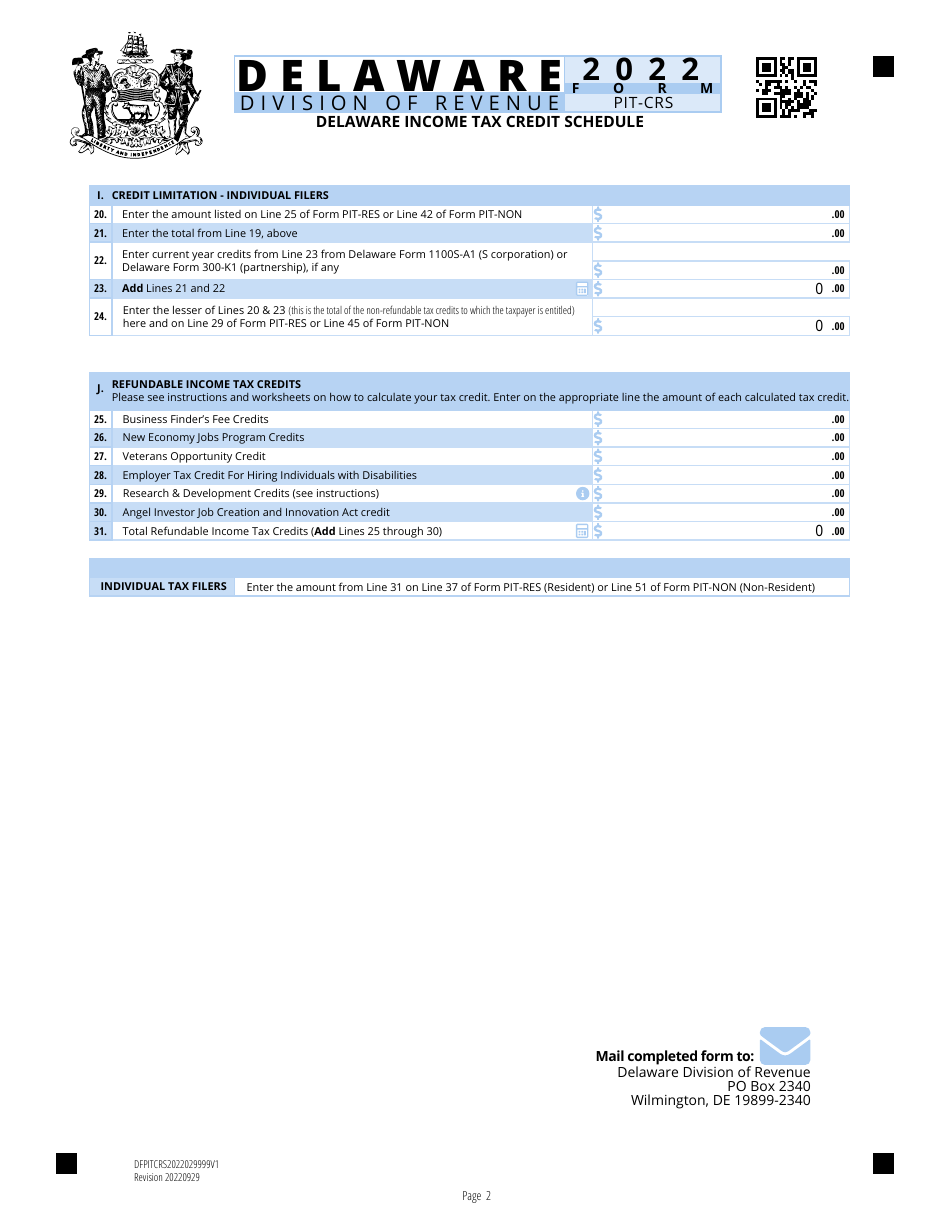 Form PIT-CRS Delaware Income Tax Credit Schedule - Delaware, Page 2
