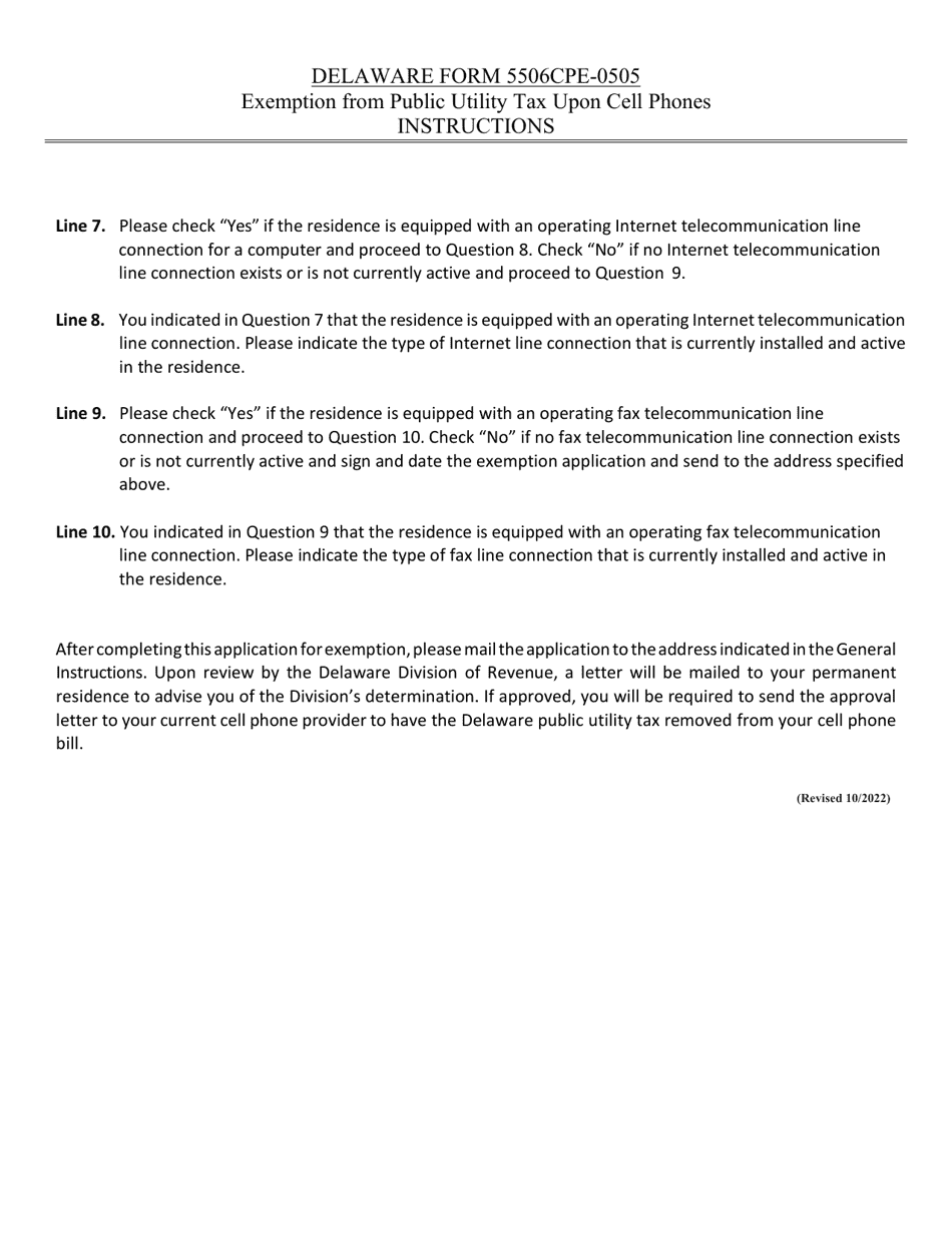 Instructions for Form 5506CPE-0505 Exemption From Public Utility Tax Upon Cell Phones - Delaware, Page 2