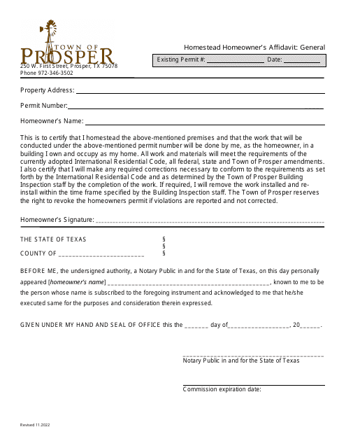 Homestead Homeowner&#039;s Affidavit - General - Town of Prosper, Texas