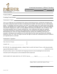 Document preview: Homestead Homeowner's Affidavit - Plumbing - Town of Prosper, Texas