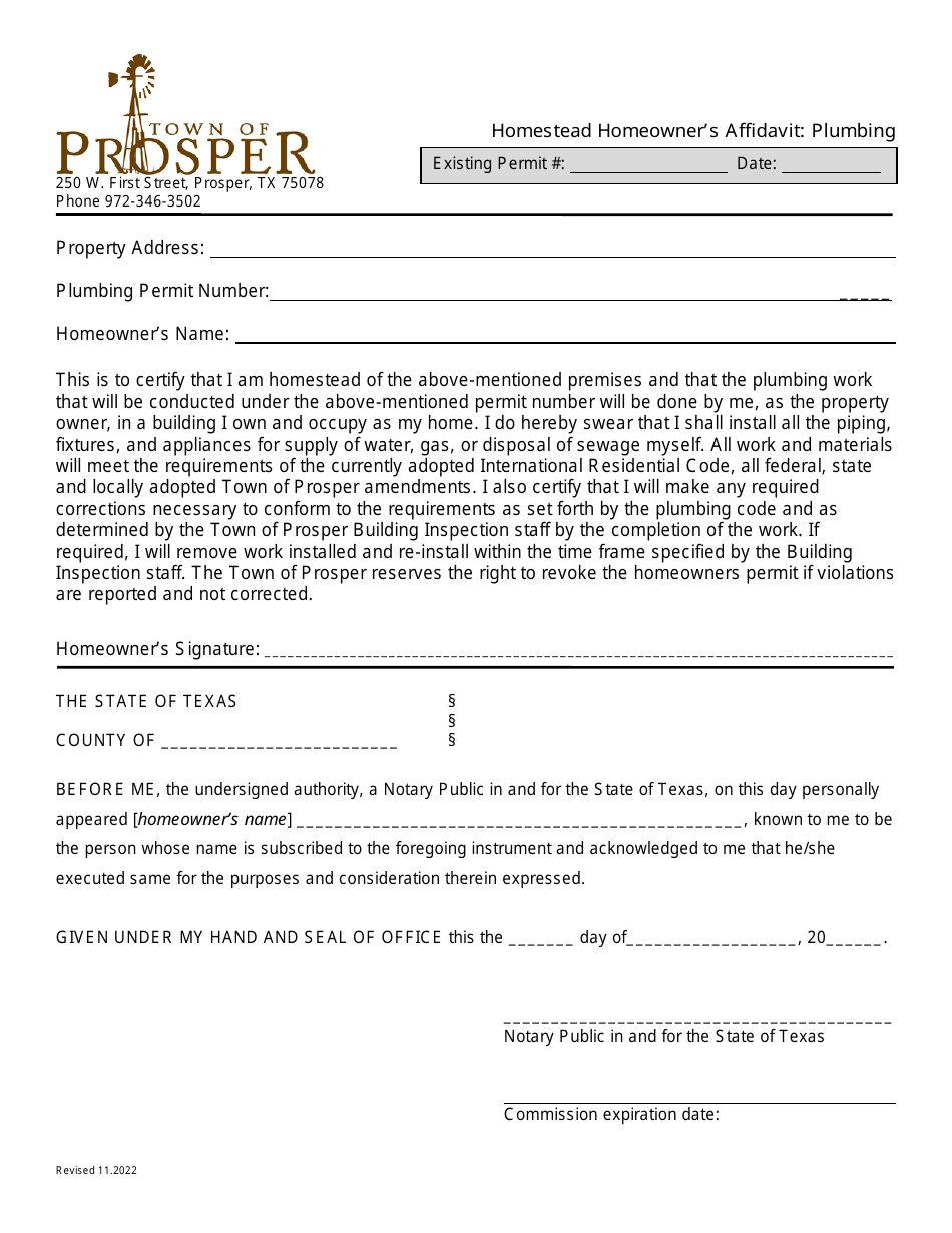 Town of Prosper, Texas Homestead Homeowner's Affidavit - Plumbing