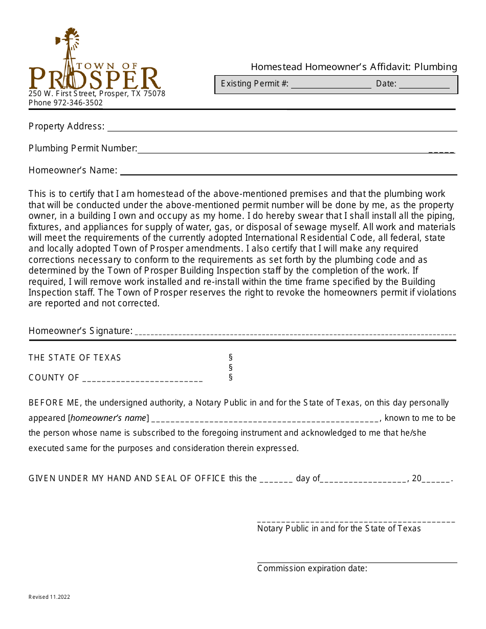 Homestead Homeowners Affidavit - Plumbing - Town of Prosper, Texas, Page 1
