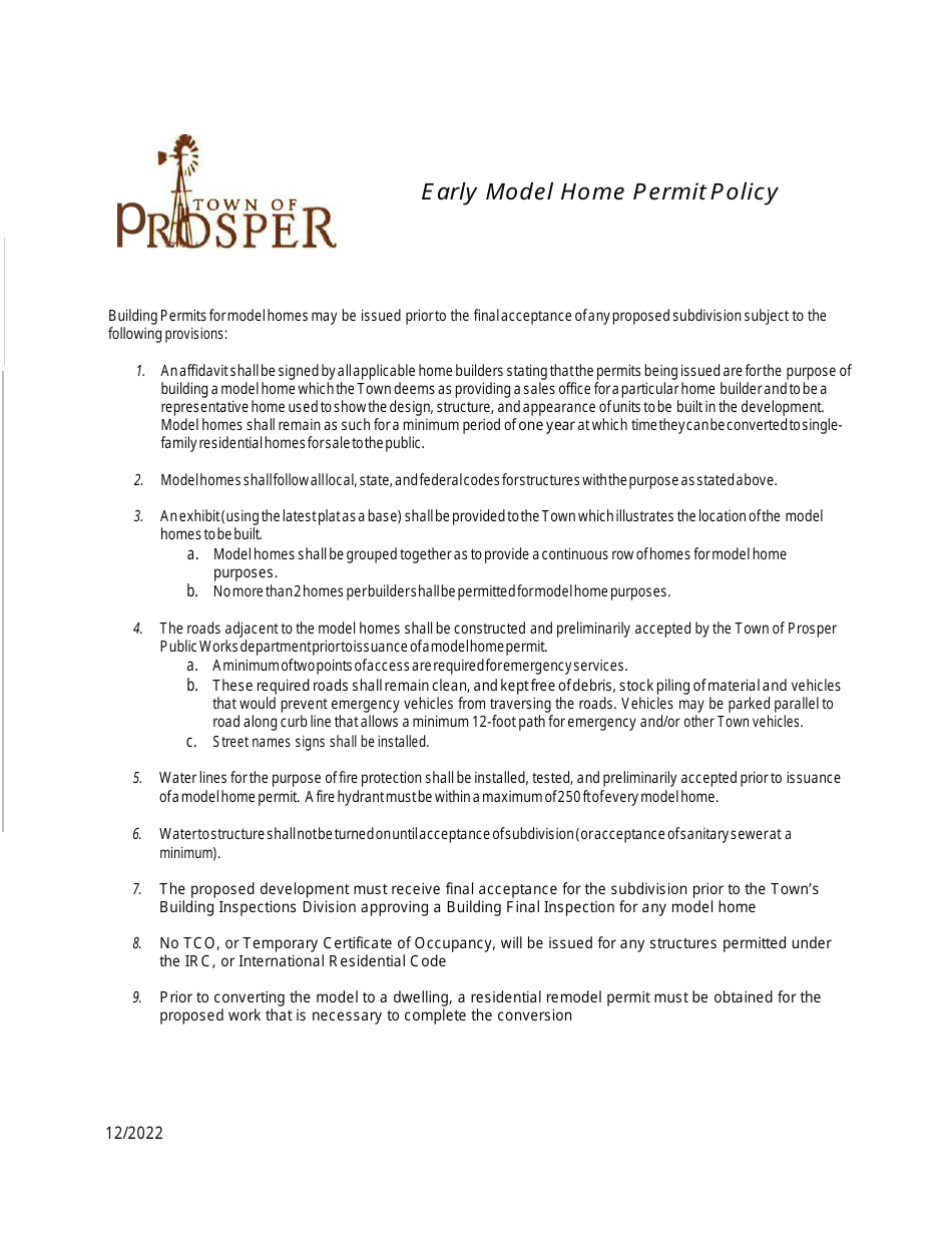 Early Model Home Affidavit - Town of Prosper, Texas, Page 1