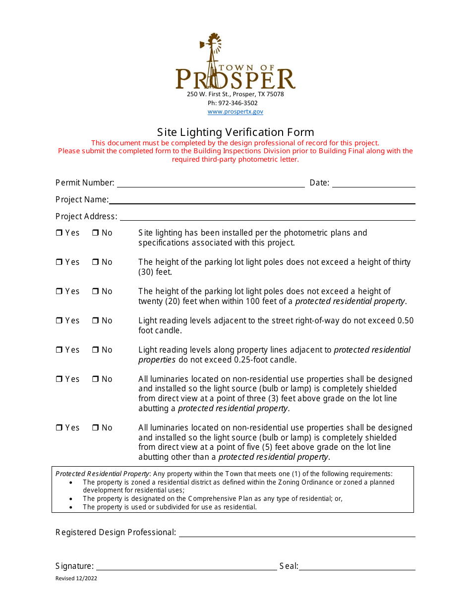 Site Lighting Verification Form - Town of Prosper, Texas, Page 1