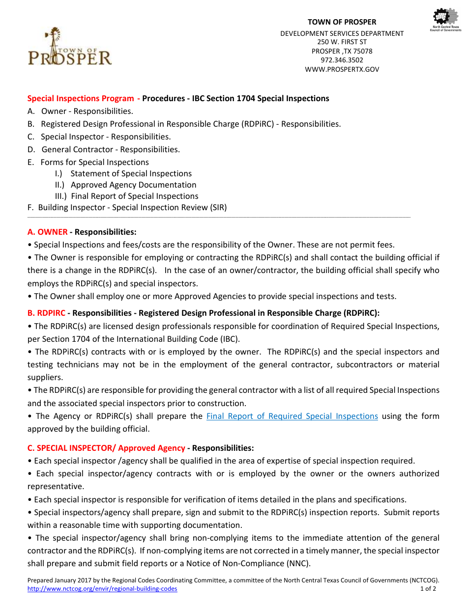 Town of Prosper, Texas Statement of Required Special Inspections Fill