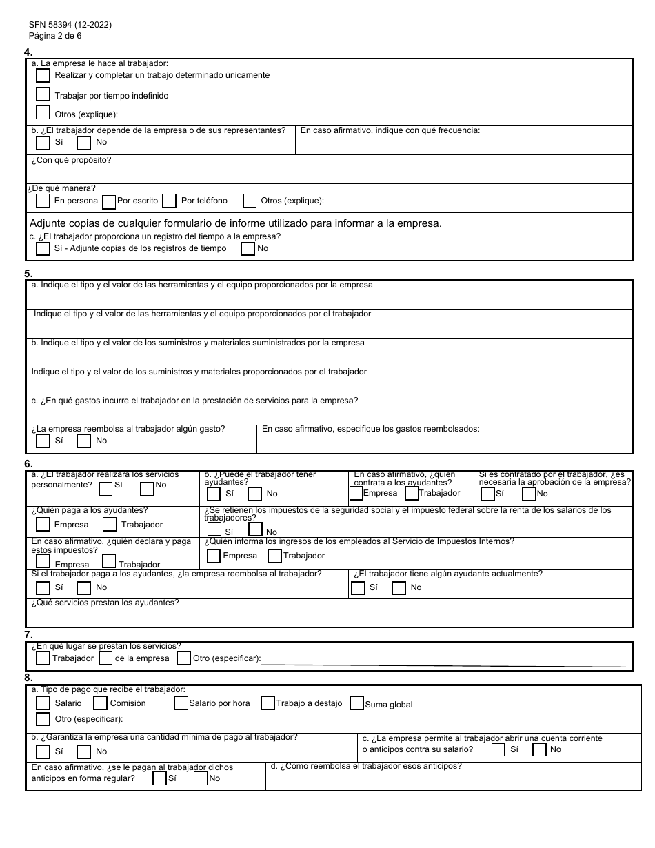 Formulario SFN58394 Solicitud De Verificacion De Contratista Independiente - North Dakota (Spanish), Page 2