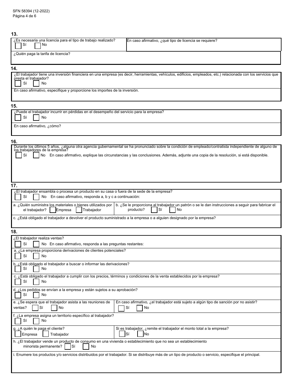 Formulario SFN58394 Solicitud De Verificacion De Contratista Independiente - North Dakota (Spanish), Page 4