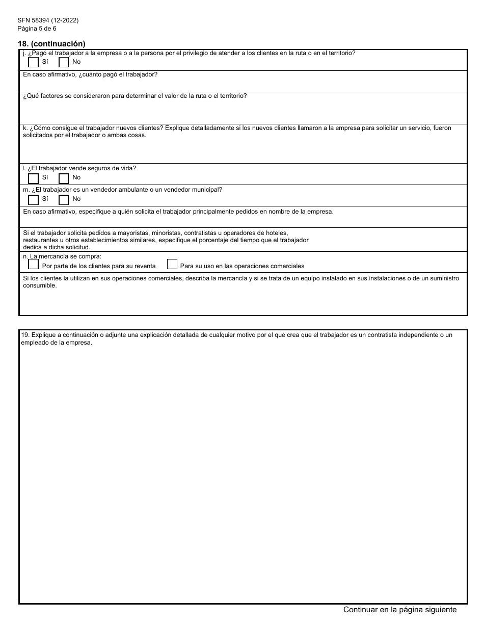 Formulario SFN58394 Solicitud De Verificacion De Contratista Independiente - North Dakota (Spanish), Page 5