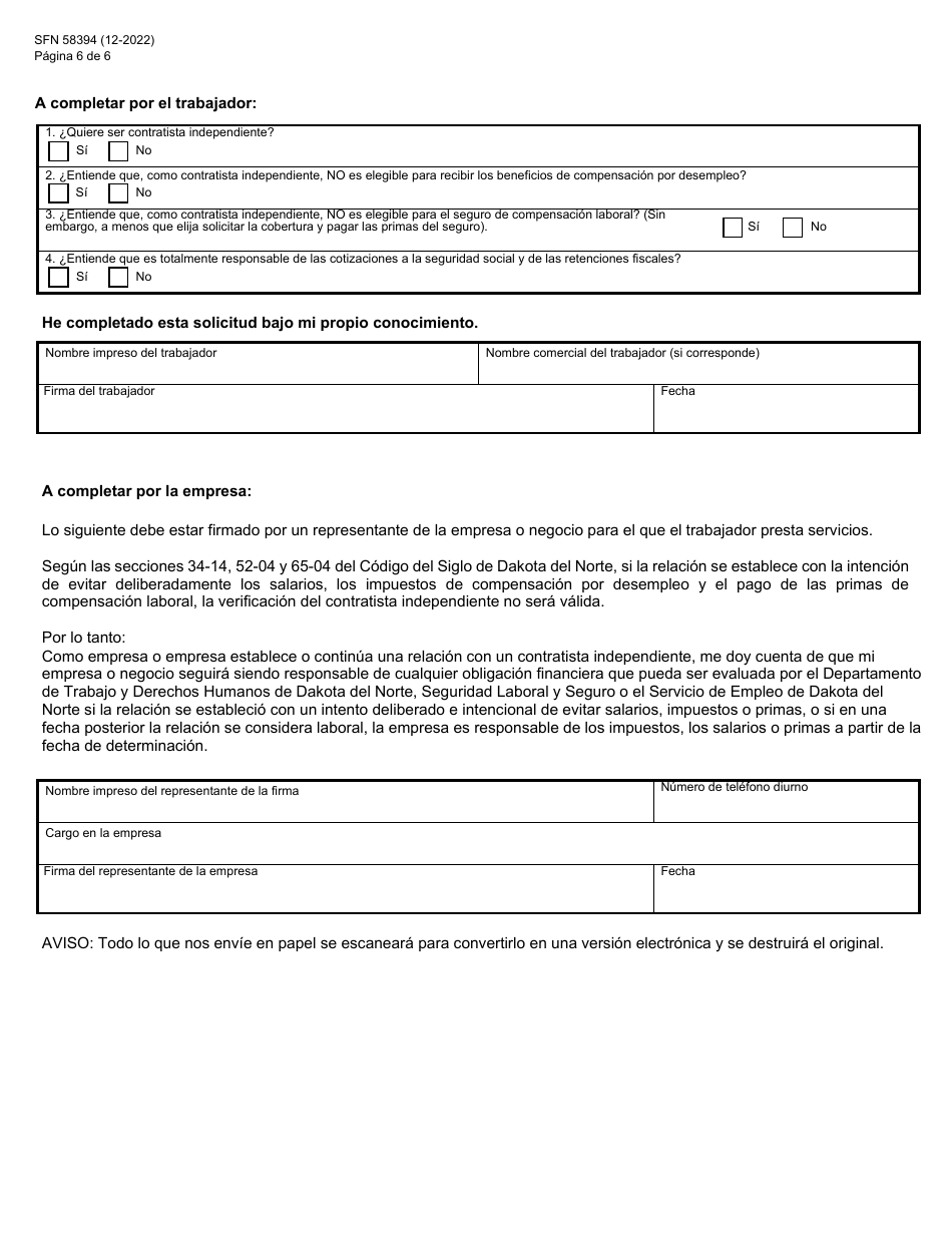Formulario SFN58394 Solicitud De Verificacion De Contratista Independiente - North Dakota (Spanish), Page 6